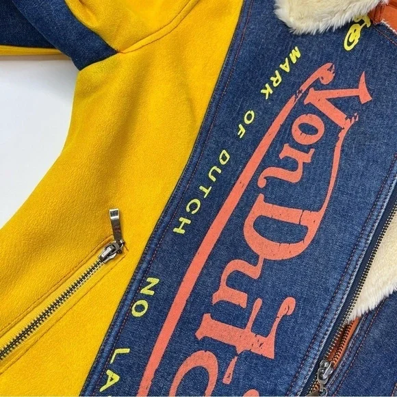 RARE Vintage Von Dutch Y2K Pink & Yellow Suede Blue Denim Faux Fur Bomber Jacket - Picture 8 of 16